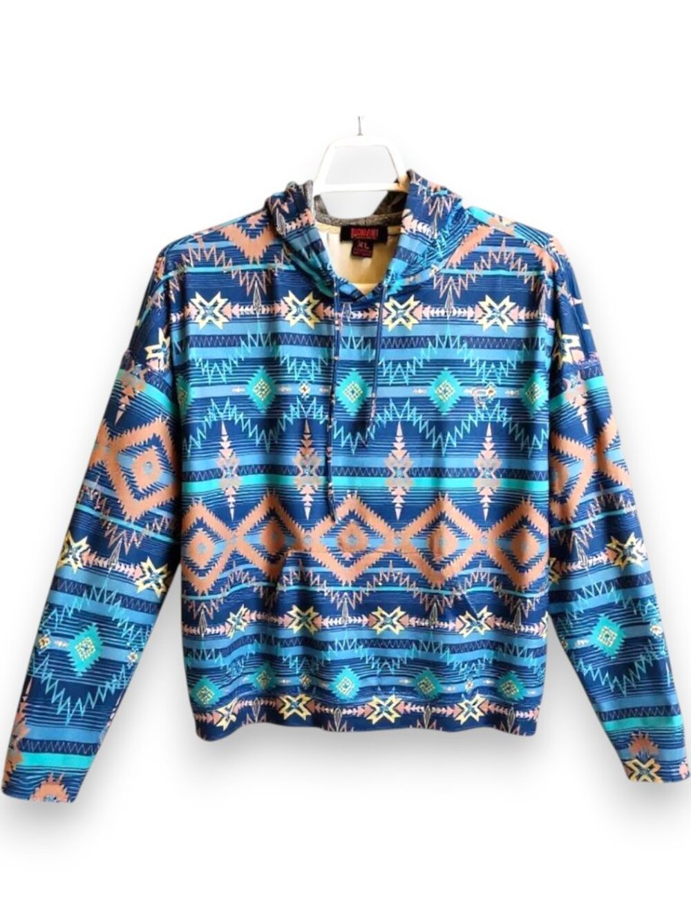 Rock & Roll Blue Western Aztec Print Hoodie Pullover Mens Size XL